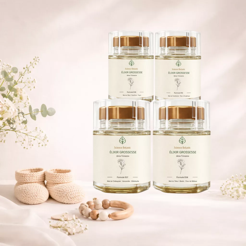 Pack grossesse Science Botanic présenté sur un fond doux et lumineux, rituel naturel pour accompagner la grossesse trimestre après trimestre