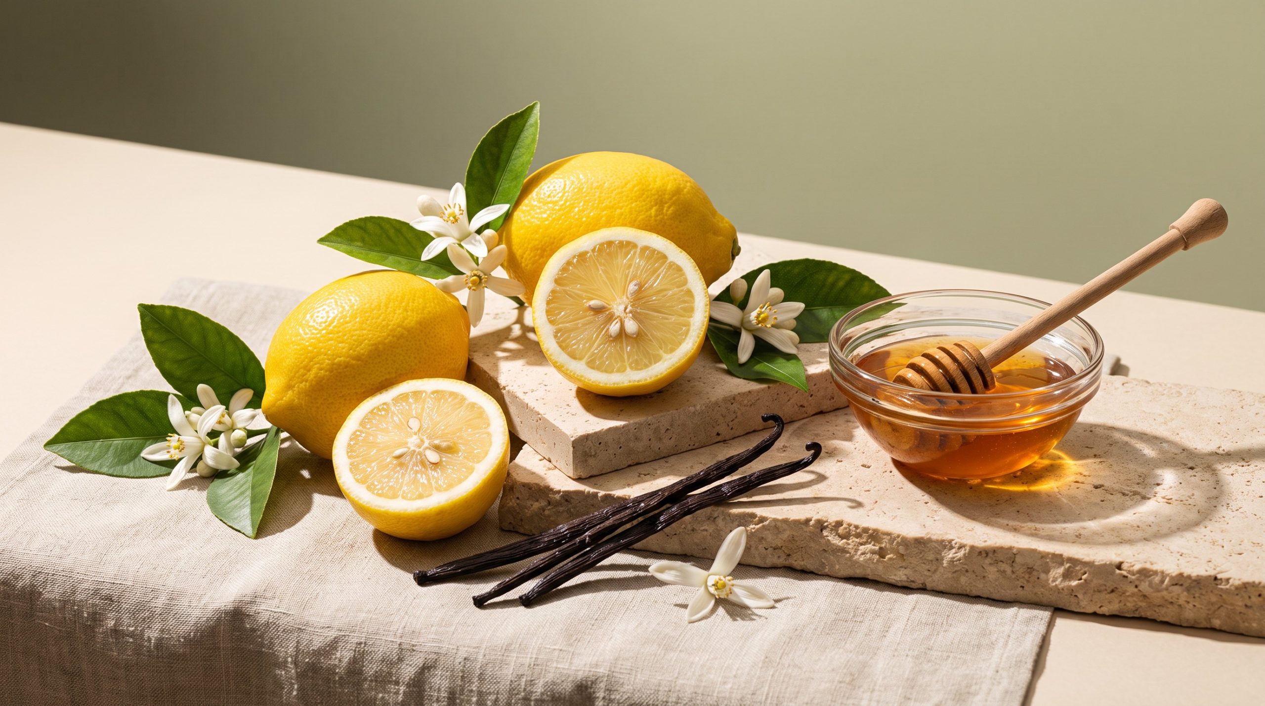 Citrons, fleurs de citronnier, gousses de vanille et miel